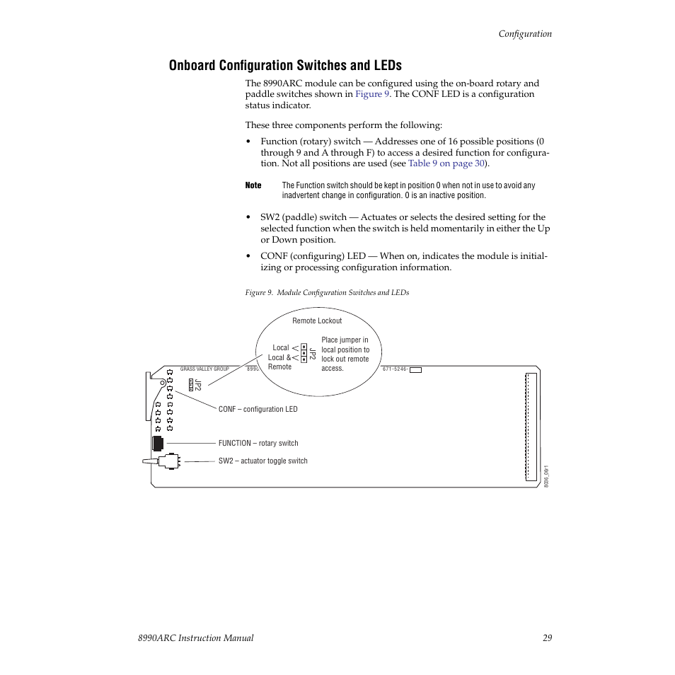 Onboard configuration switches and leds | Grass Valley 8990ARC v.3.0 User Manual | Page 29 / 56