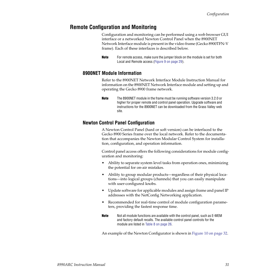 Remote configuration and monitoring, 8900net module information, Newton control panel configuration | Grass Valley 8990ARC v.3.0 User Manual | Page 31 / 56