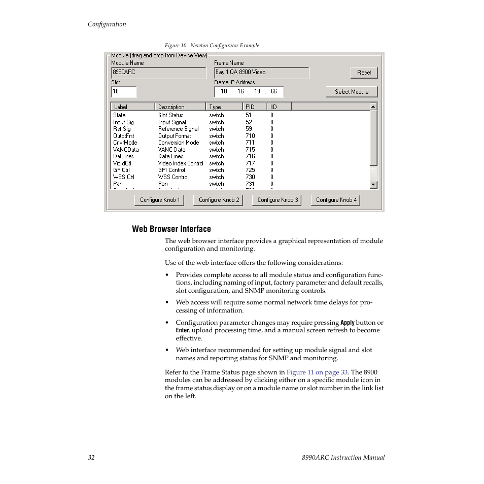 Web browser interface, An example of the newton configurator is shown in | Grass Valley 8990ARC v.3.0 User Manual | Page 32 / 56