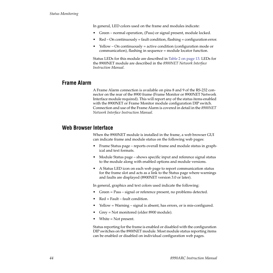 Frame alarm, Web browser interface | Grass Valley 8990ARC v.3.0 User Manual | Page 44 / 56
