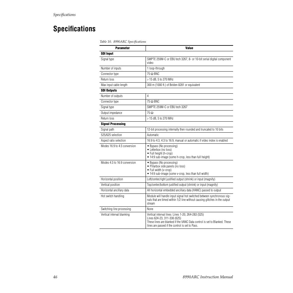 Specifications | Grass Valley 8990ARC v.3.0 User Manual | Page 46 / 56