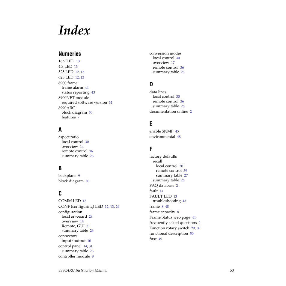 Index, Numerics | Grass Valley 8990ARC v.3.0 User Manual | Page 53 / 56