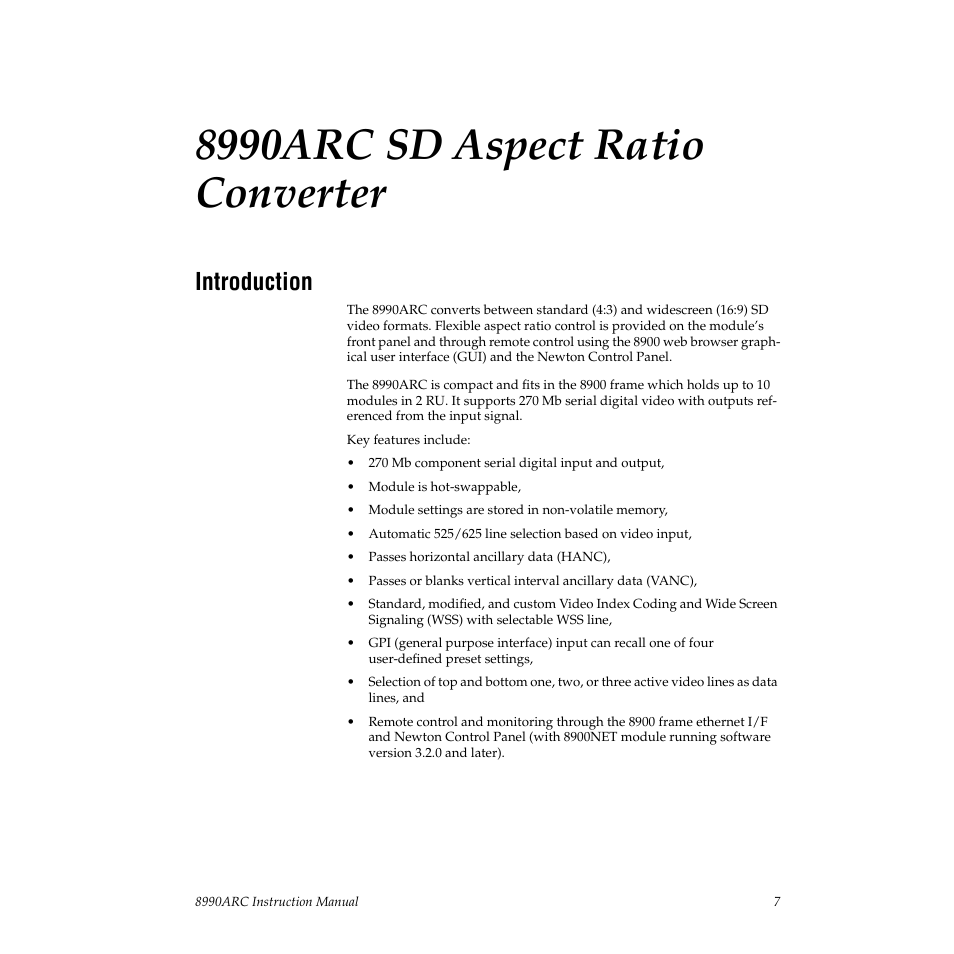 8990arc sd aspect ratio converter, Introduction | Grass Valley 8990ARC v.3.0 User Manual | Page 7 / 56