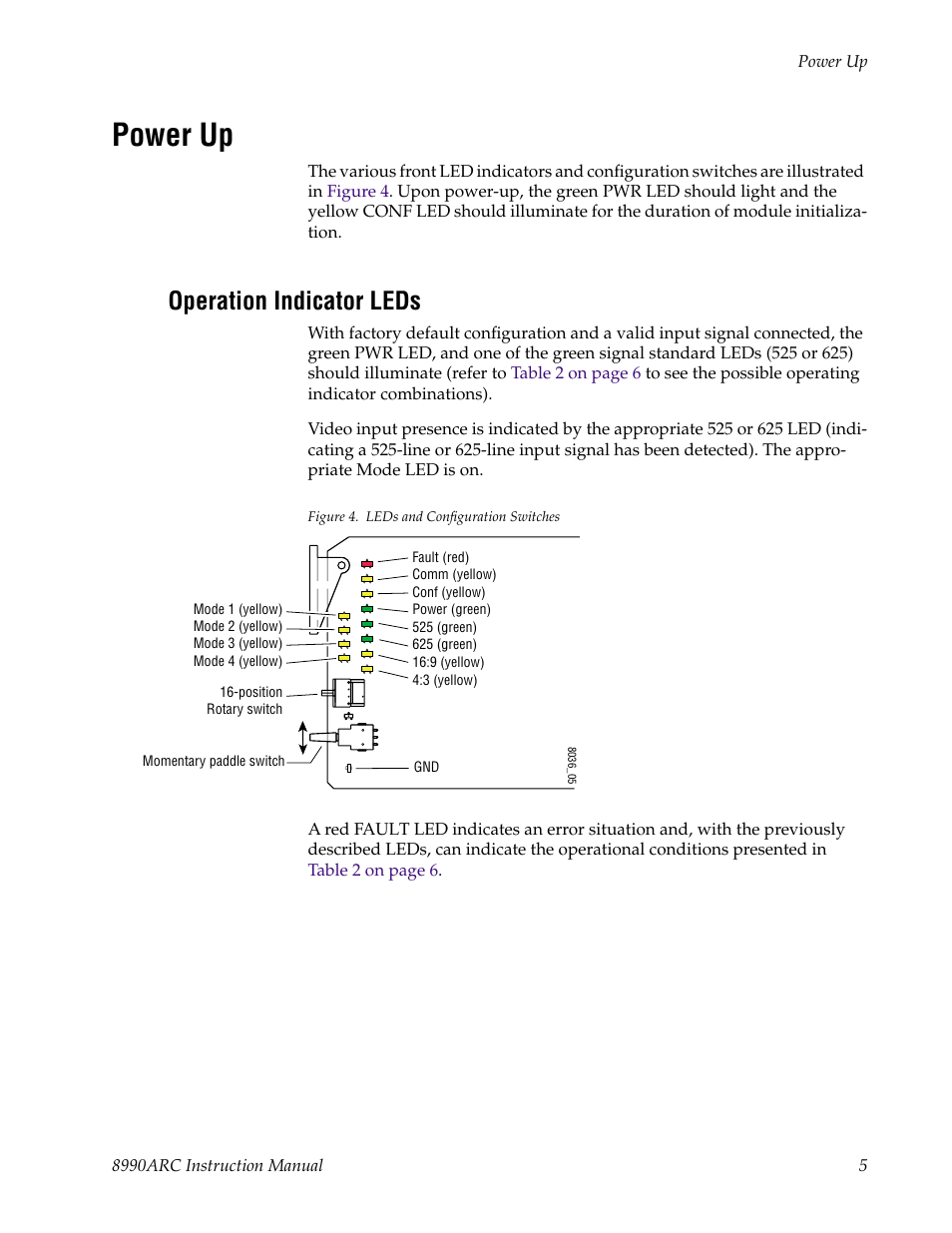 Power up, Operation indicator leds | Grass Valley 8990ARC v.1.0 User Manual | Page 11 / 34
