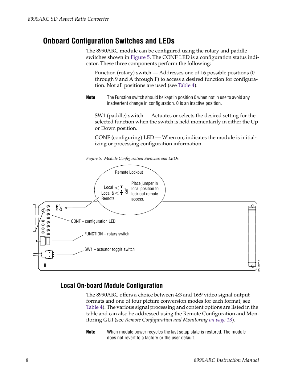 Onboard configuration switches and leds, Local on-board module configuration | Grass Valley 8990ARC v.1.0 User Manual | Page 14 / 34
