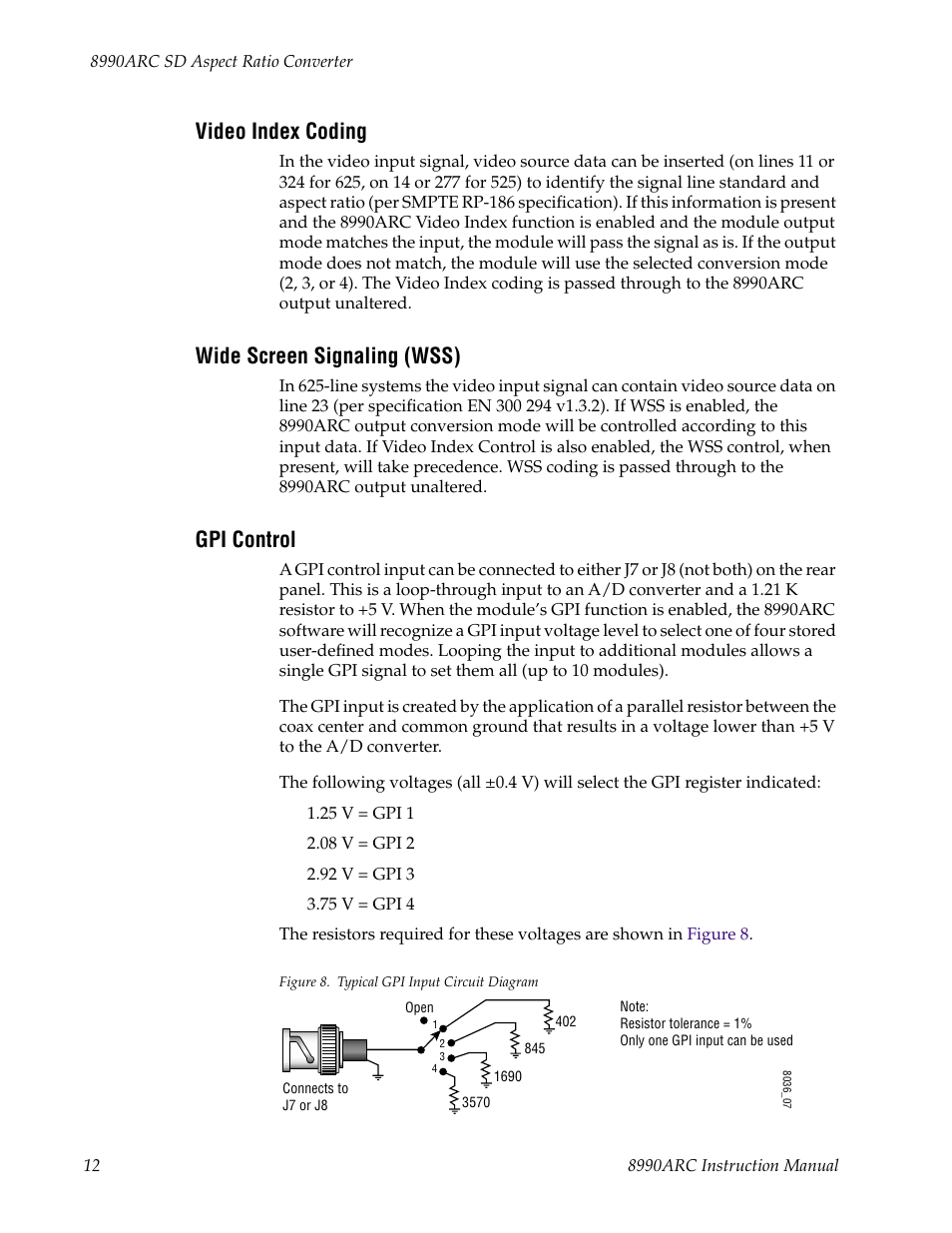 Video index coding, Wide screen signaling (wss), Gpi control | Om the module (see | Grass Valley 8990ARC v.1.0 User Manual | Page 18 / 34