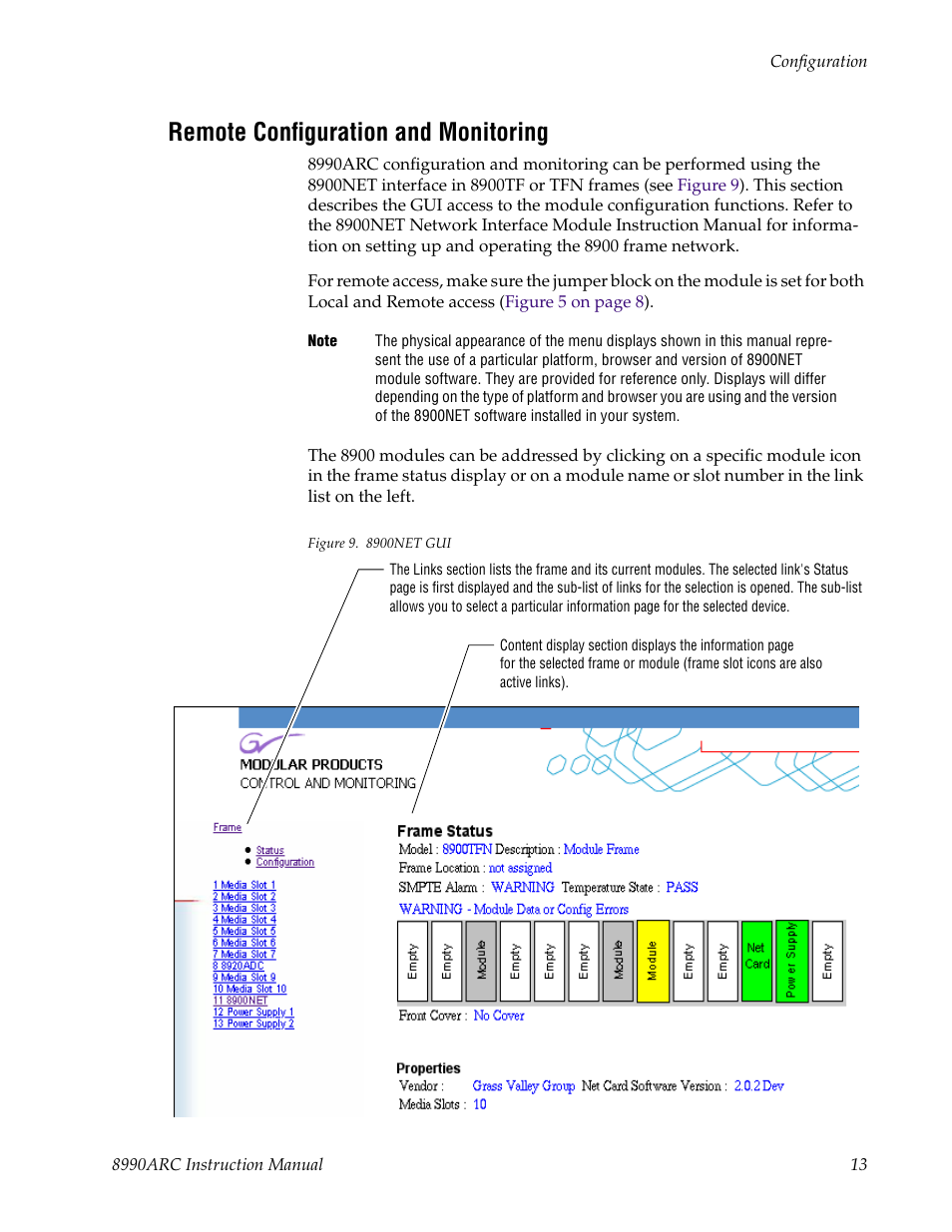 Remote configuration and monitoring, Itoring gui (see | Grass Valley 8990ARC v.1.0 User Manual | Page 19 / 34