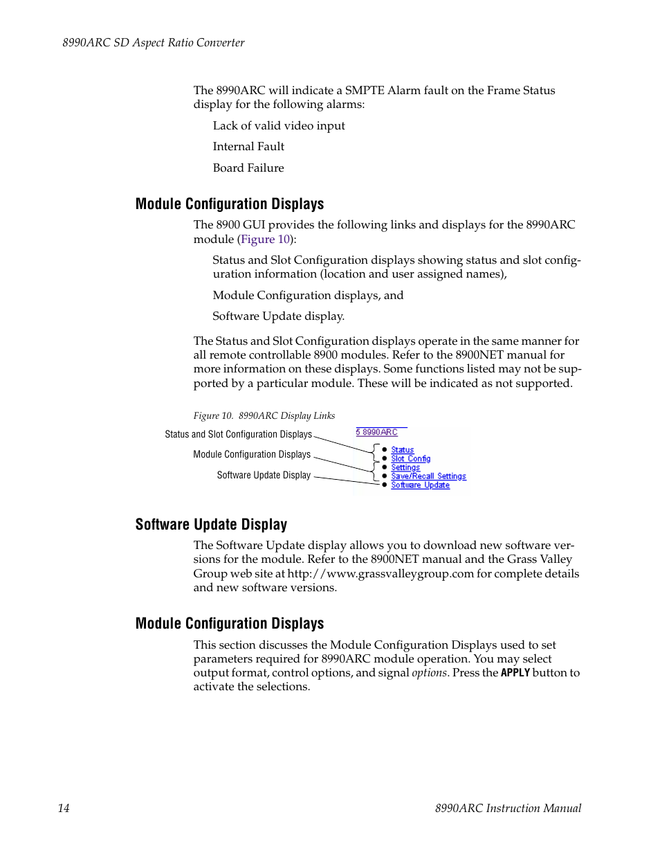 Module configuration displays, Software update display | Grass Valley 8990ARC v.1.0 User Manual | Page 20 / 34