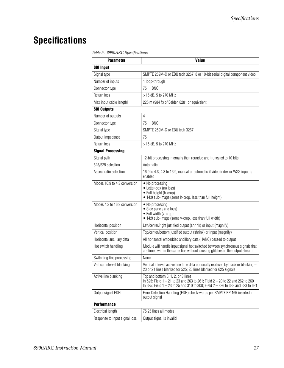 Specifications | Grass Valley 8990ARC v.1.0 User Manual | Page 23 / 34