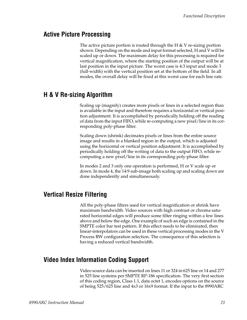 Active picture processing, H & v re-sizing algorithm, Vertical resize filtering | Video index information coding support, Transitions (see vertical resize filtering | Grass Valley 8990ARC v.1.0 User Manual | Page 27 / 34