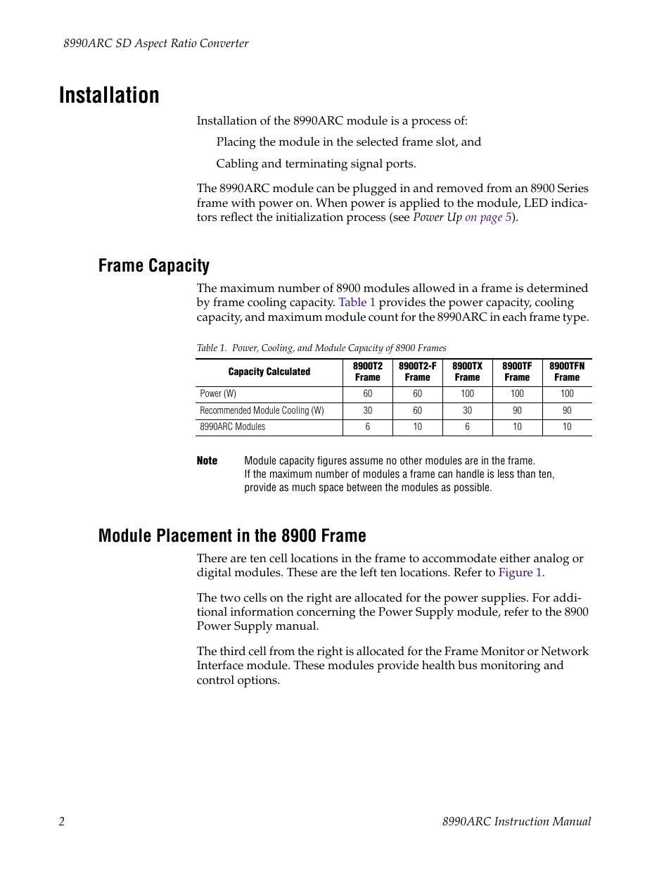 Installation, Frame capacity, Module placement in the 8900 frame | Grass Valley 8990ARC v.1.0 User Manual | Page 8 / 34