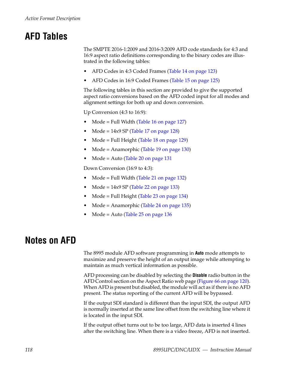 Afd tables, Notes on afd | Grass Valley 8995DNC v.1.3.0 User Manual | Page 118 / 140