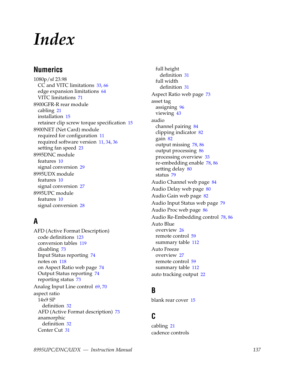 Index, Numerics | Grass Valley 8995DNC v.1.3.0 User Manual | Page 137 / 140