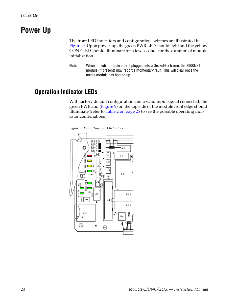 Power up, Operation indicator leds | Grass Valley 8995DNC v.1.3.0 User Manual | Page 24 / 140