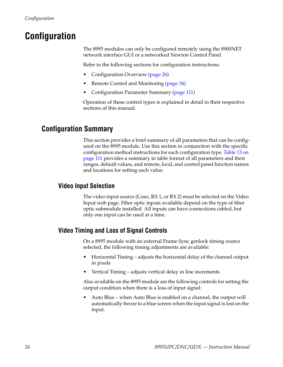 Configuration, Configuration summary, Video input selection | Video timing and loss of signal controls | Grass Valley 8995DNC v.1.3.0 User Manual | Page 26 / 140