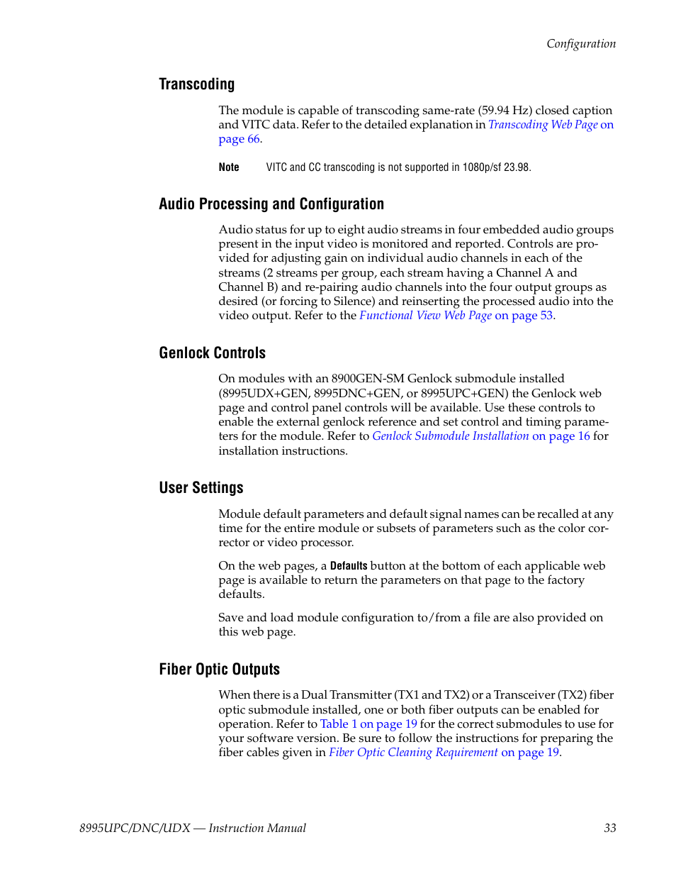 Transcoding, Audio processing and configuration, Genlock controls | User settings, Fiber optic outputs | Grass Valley 8995DNC v.1.3.0 User Manual | Page 33 / 140