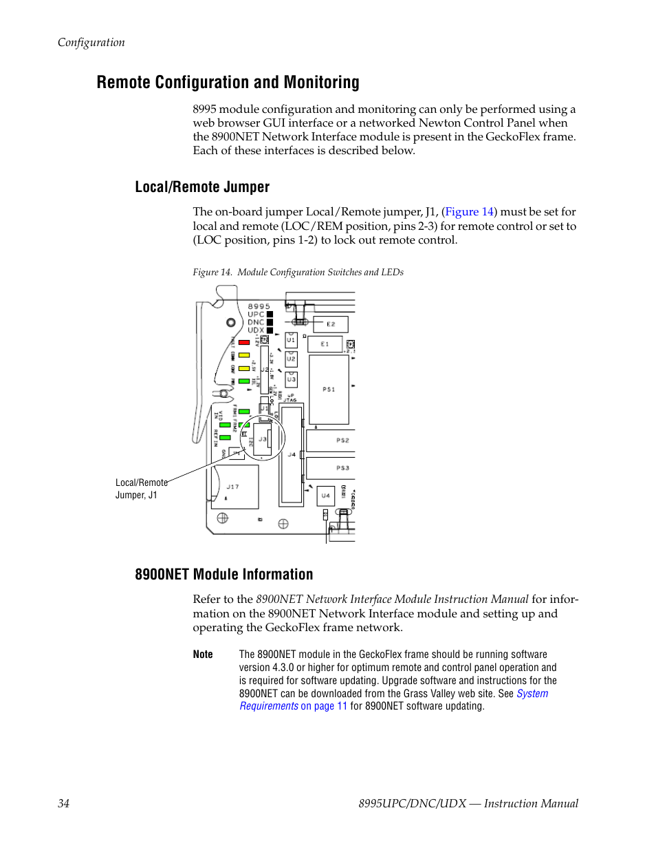 Remote configuration and monitoring, Local/remote jumper, 8900net module information | Grass Valley 8995DNC v.1.3.0 User Manual | Page 34 / 140