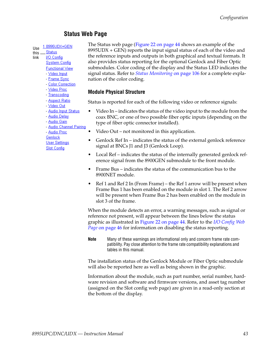 Ation, Status web page | Grass Valley 8995DNC v.1.3.0 User Manual | Page 43 / 140
