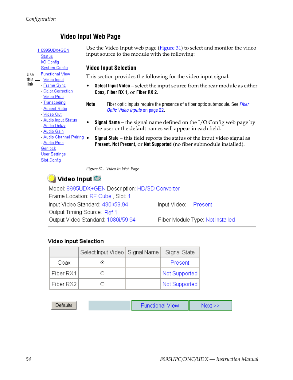 Video input web page | Grass Valley 8995DNC v.1.3.0 User Manual | Page 54 / 140