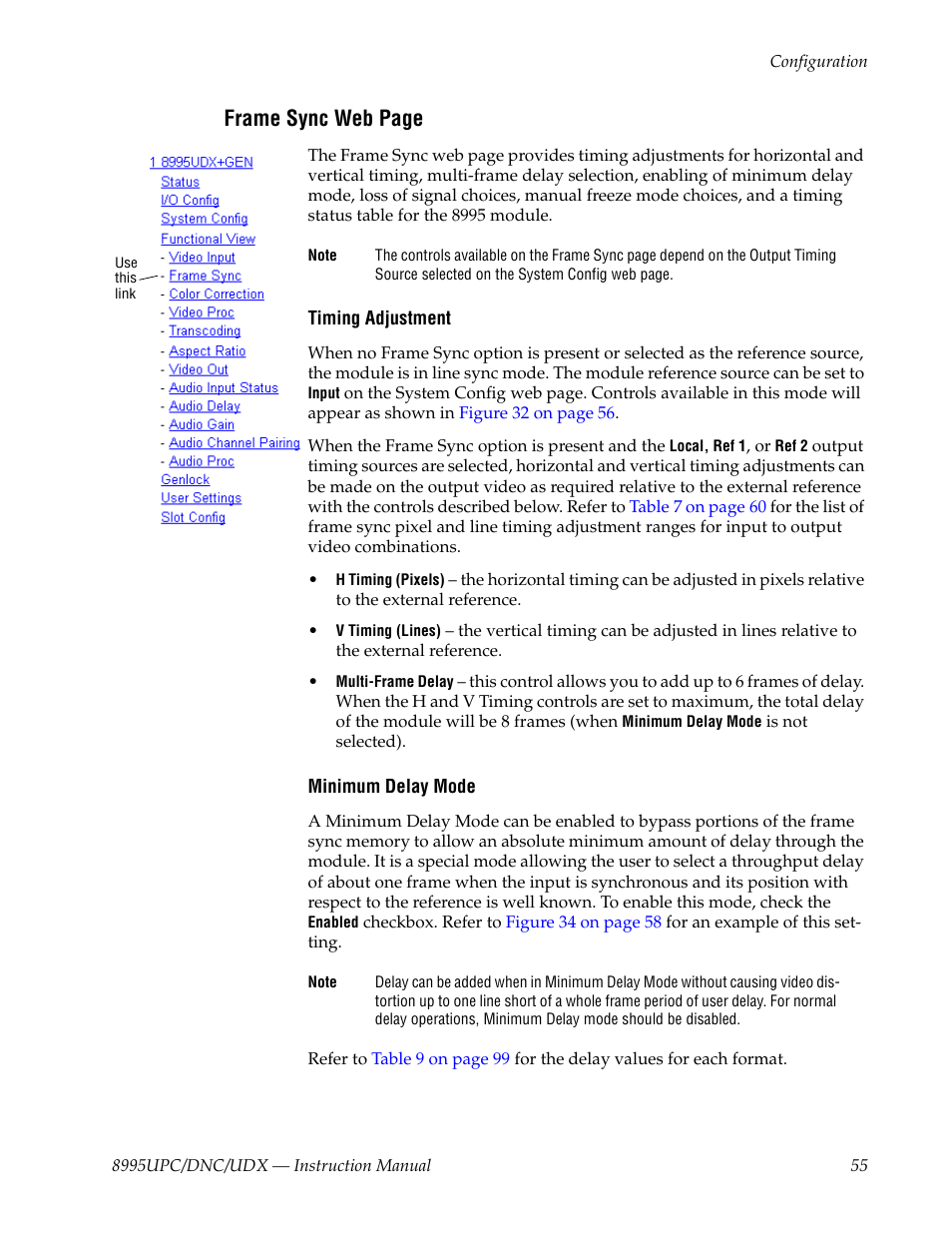 And timing status tables, Frame sync web page | Grass Valley 8995DNC v.1.3.0 User Manual | Page 55 / 140