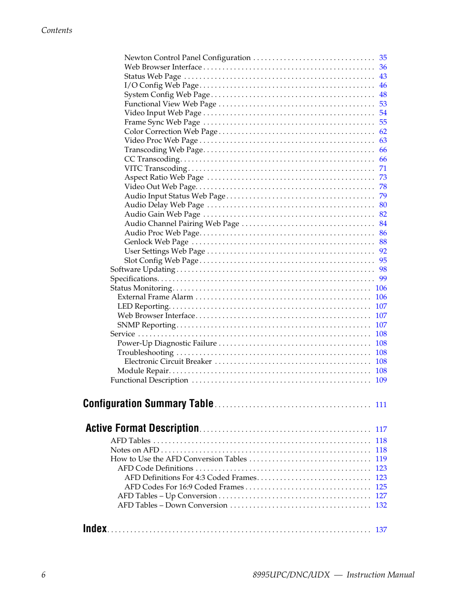 Configuration summary table, Active format description, Index | Grass Valley 8995DNC v.1.3.0 User Manual | Page 6 / 140