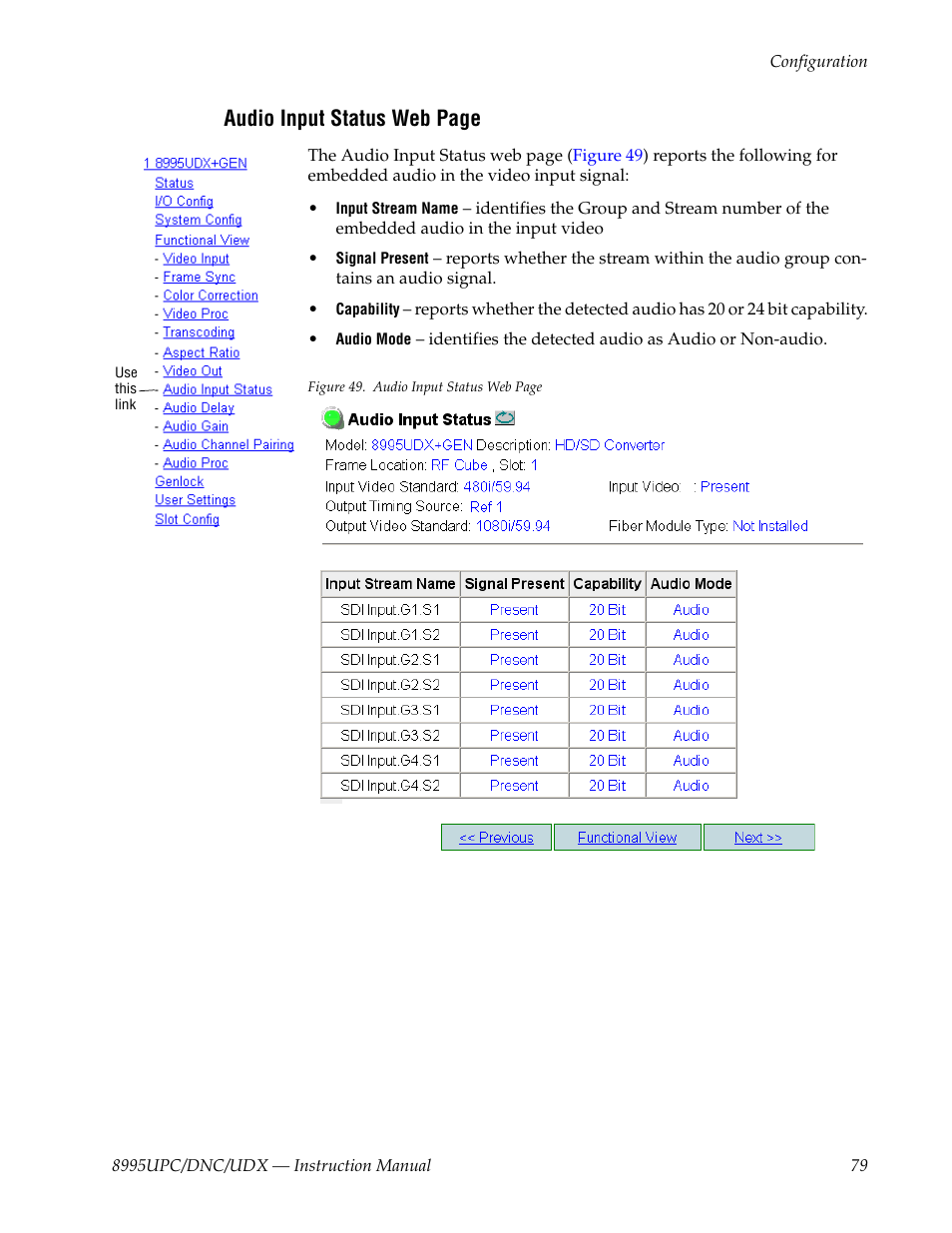 Video input signal, Audio input status web page | Grass Valley 8995DNC v.1.3.0 User Manual | Page 79 / 140