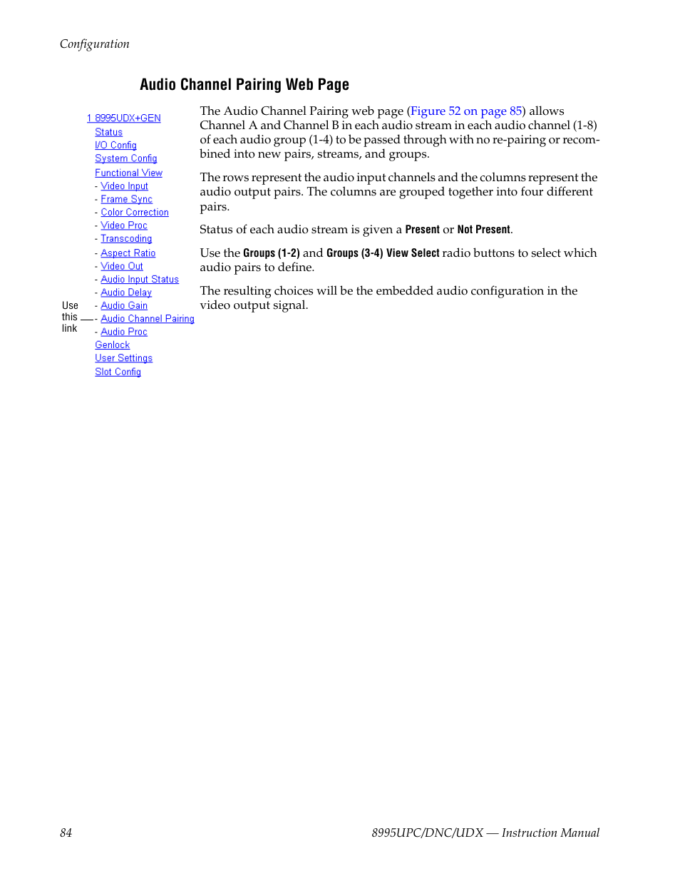 Oups, Audio channel pairing web page | Grass Valley 8995DNC v.1.3.0 User Manual | Page 84 / 140
