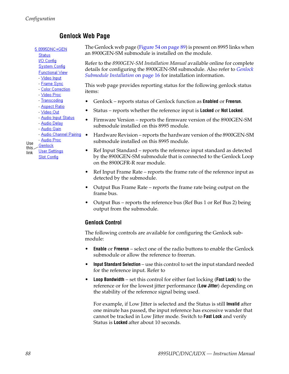 Genlock web, Nce signal delay, Genlock web page | Grass Valley 8995DNC v.1.3.0 User Manual | Page 88 / 140