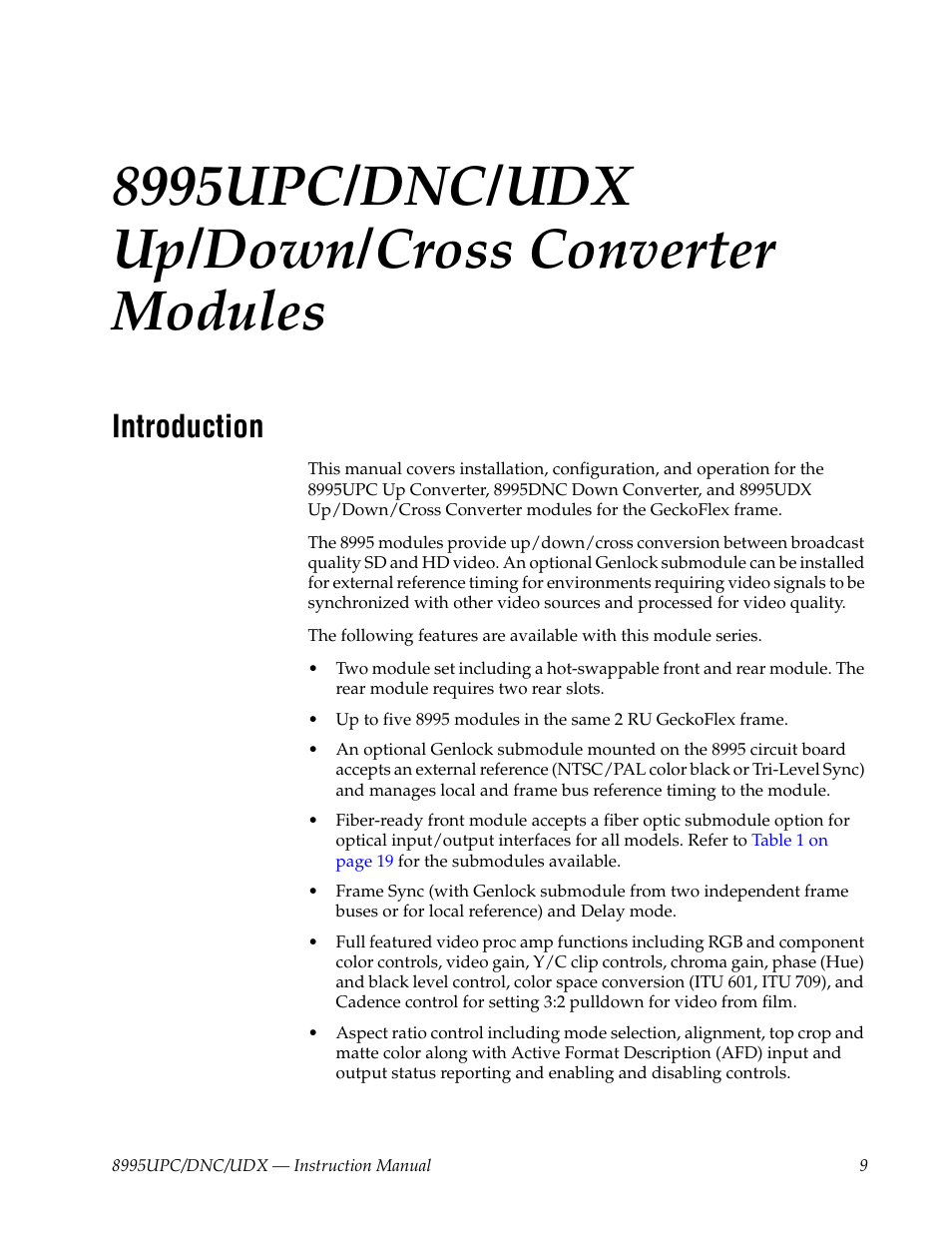 8995upc/dnc/udx up/down/cross converter modules, Introduction | Grass Valley 8995DNC v.1.3.0 User Manual | Page 9 / 140