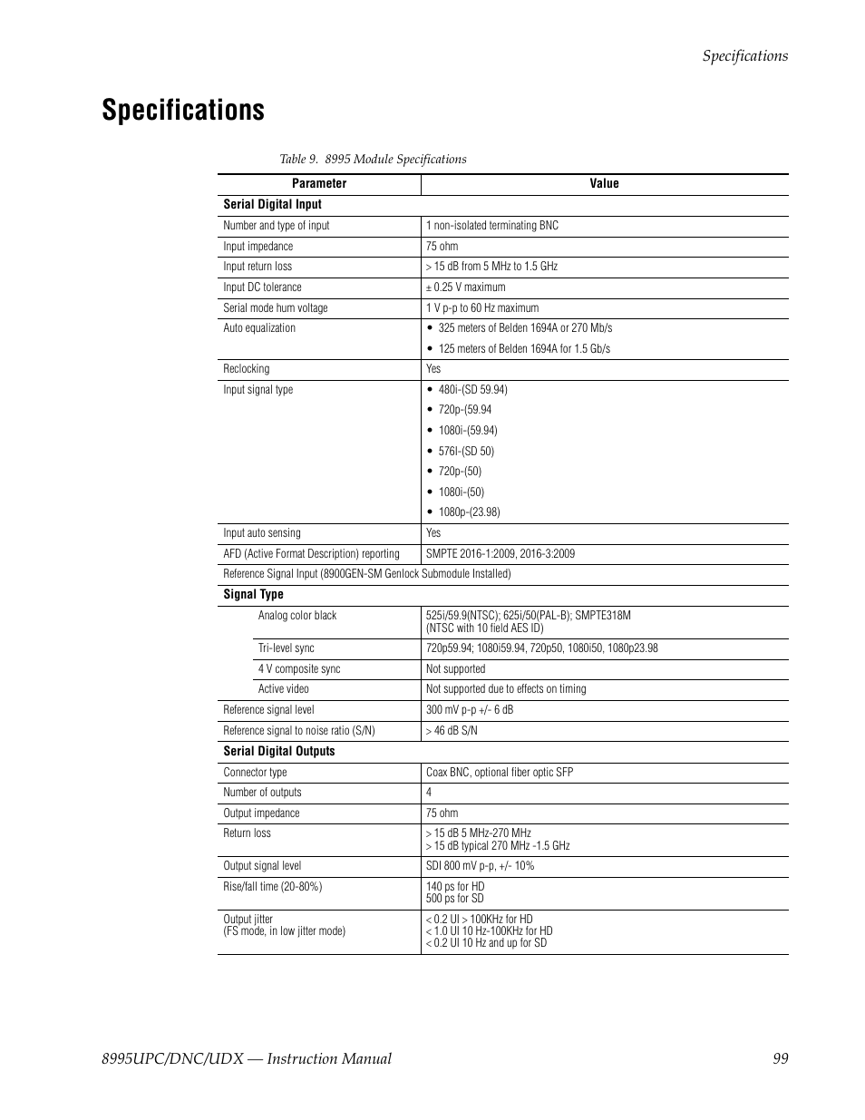 Specifications, Refer to | Grass Valley 8995DNC v.1.3.0 User Manual | Page 99 / 140