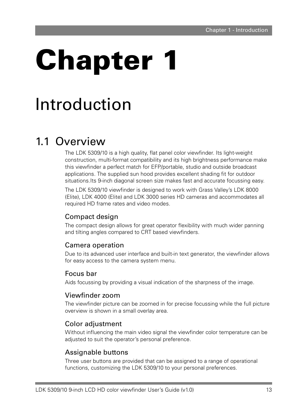 Introduction, 1 overview, Chapter 1 | Grass Valley LDK 5309 User Manual | Page 13 / 44