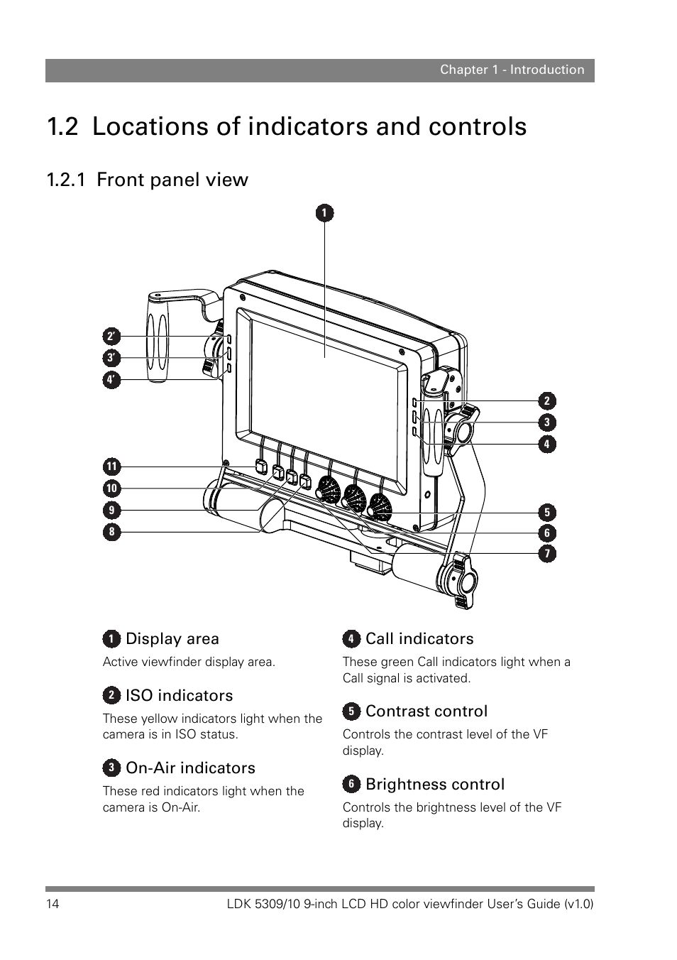 2 locations of indicators and controls, 1 front panel view, Display area | Iso indicators, On-air indicators, Call indicators, Contrast control, Brightness control | Grass Valley LDK 5309 User Manual | Page 14 / 44