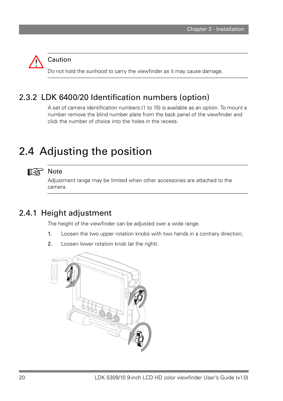 2 ldk 6400/20 identification numbers (option), 4 adjusting the position, 1 height adjustment | Grass Valley LDK 5309 User Manual | Page 20 / 44