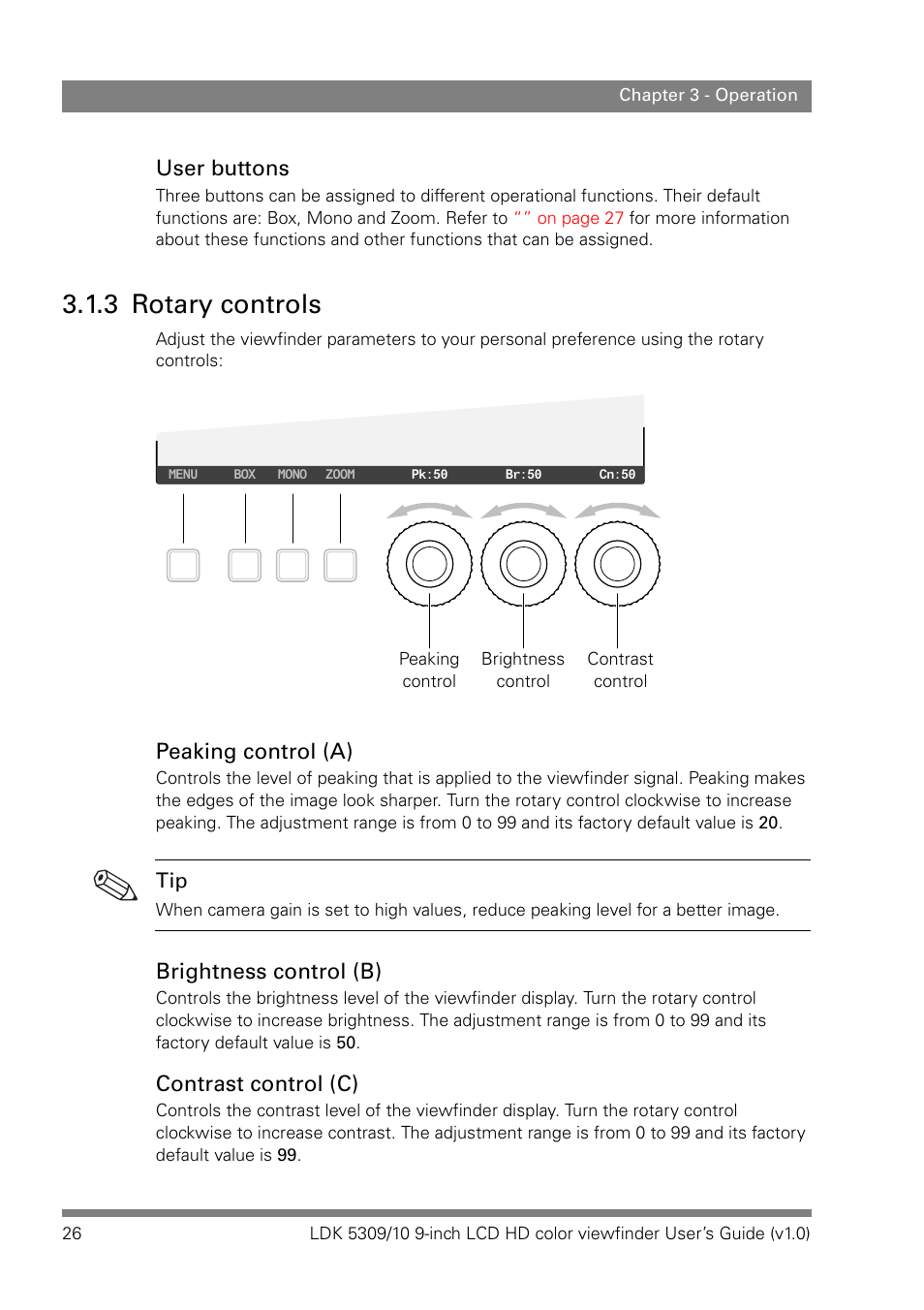 3 rotary controls, User buttons, Peaking control (a) | Brightness control (b), Contrast control (c) | Grass Valley LDK 5309 User Manual | Page 26 / 44