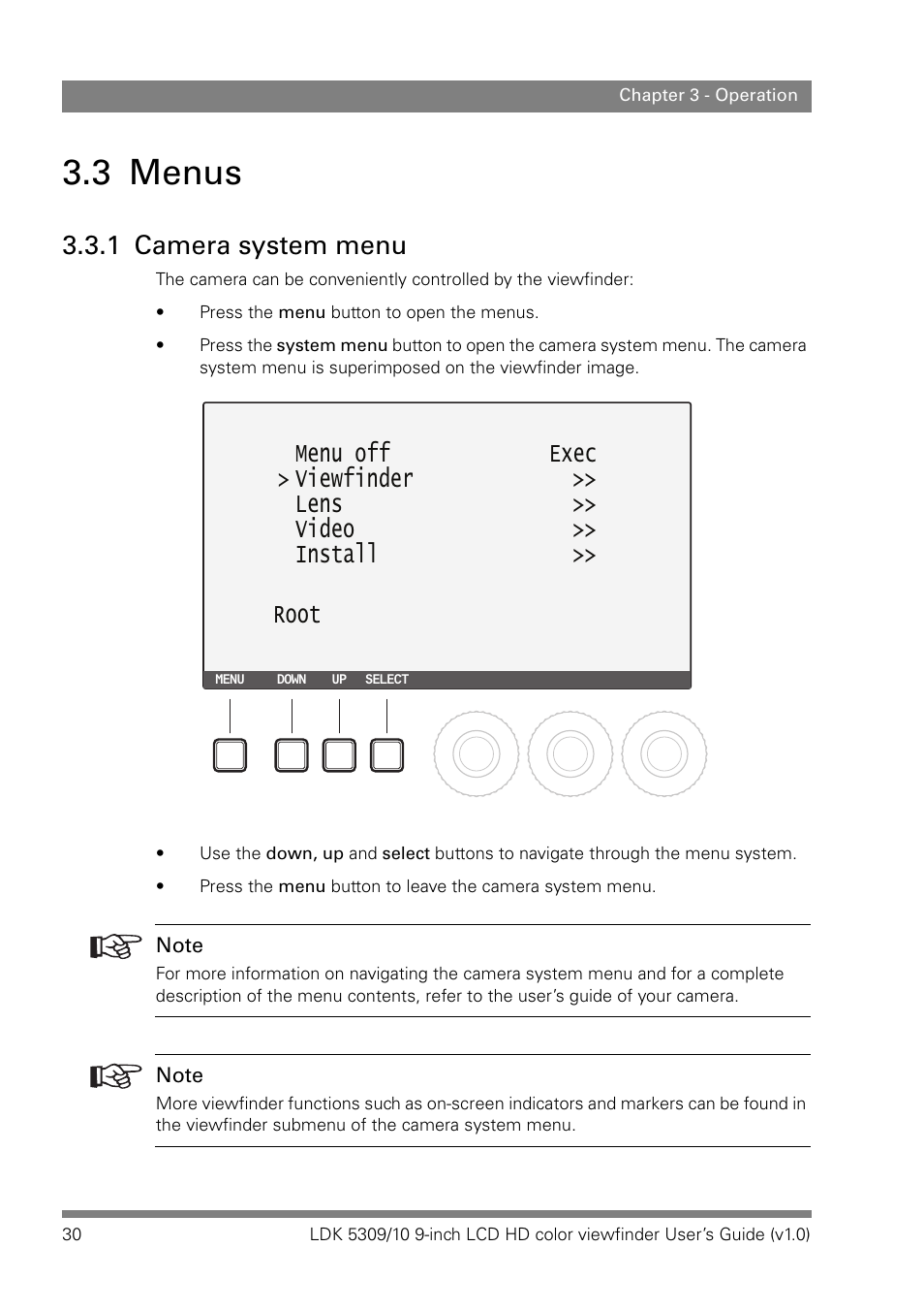 3 menus, 1 camera system menu | Grass Valley LDK 5309 User Manual | Page 30 / 44