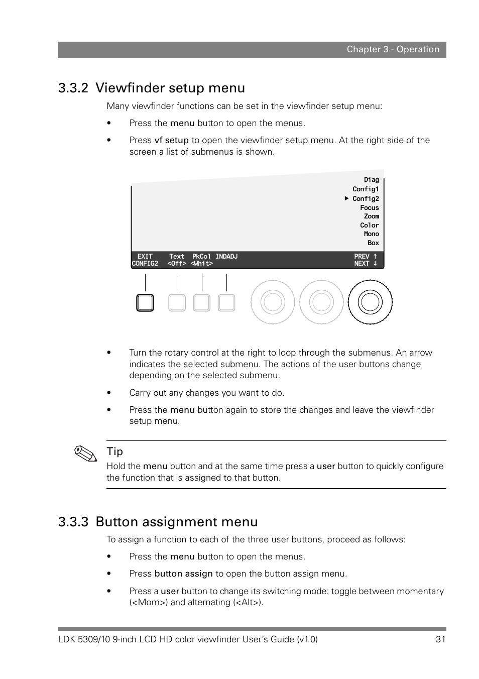 2 viewfinder setup menu, 3 button assignment menu | Grass Valley LDK 5309 User Manual | Page 31 / 44