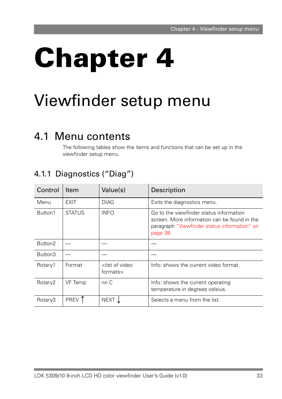 Viewfinder setup menu, 1 menu contents, 1 diagnostics (“diag”) | Chapter 4 | Grass Valley LDK 5309 User Manual | Page 33 / 44