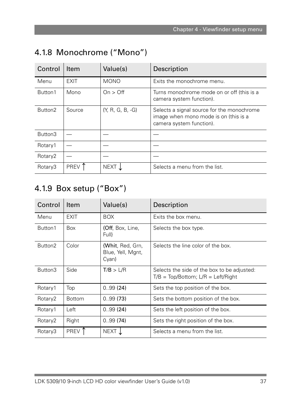 8 monochrome (“mono”), 9 box setup (“box”), 8 monochrome (“mono”) 4.1.9 box setup (“box”) | Grass Valley LDK 5309 User Manual | Page 37 / 44