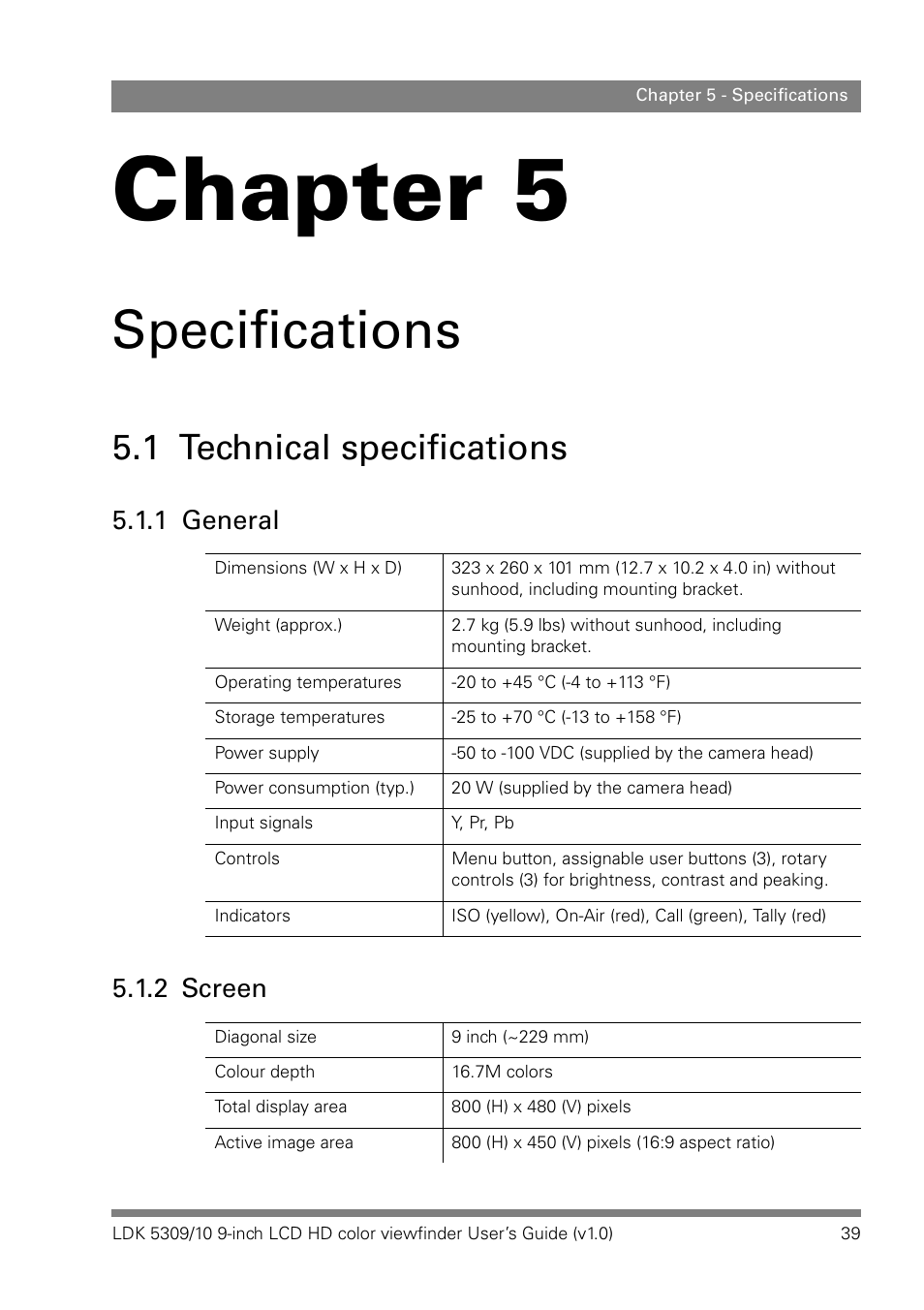 Specifications, 1 technical specifications, 1 general | 2 screen, Chapter 5, 1 general 5.1.2 screen | Grass Valley LDK 5309 User Manual | Page 39 / 44