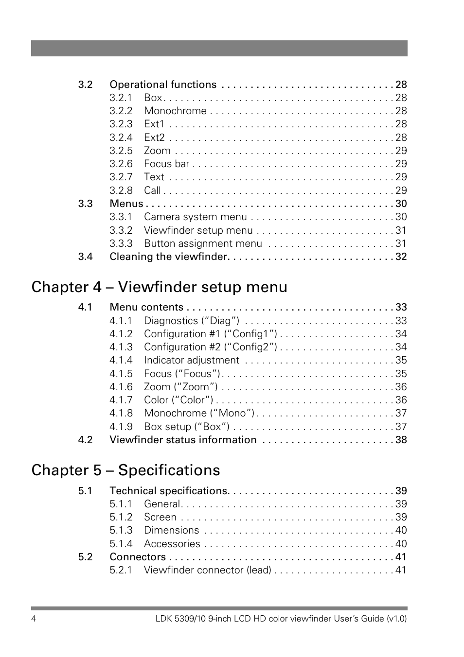 Chapter 4 – viewfinder setup menu, Chapter 5 – specifications | Grass Valley LDK 5309 User Manual | Page 4 / 44