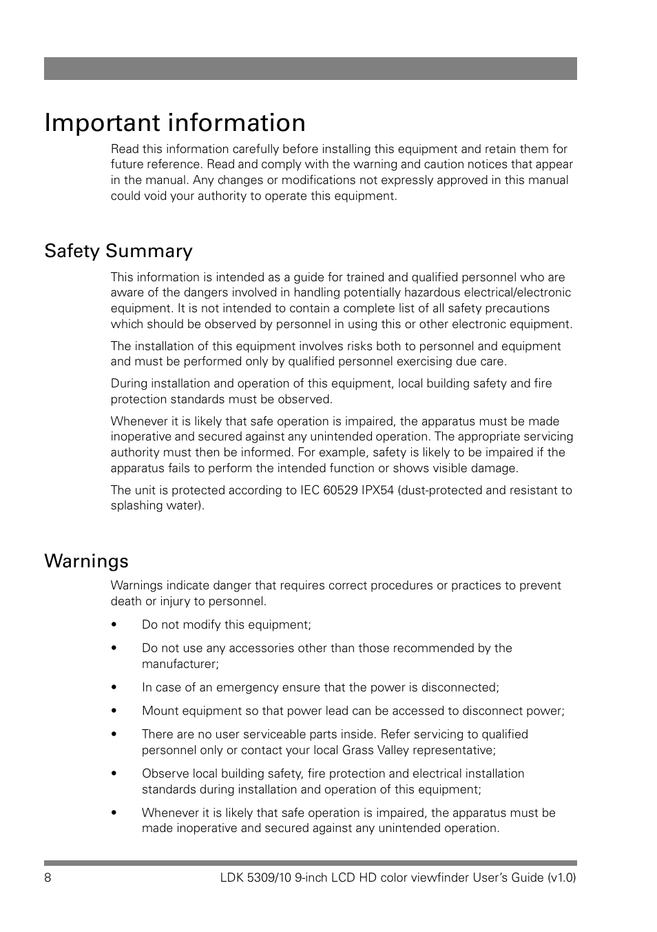 Important information, Safety summary, Warnings | Grass Valley LDK 5309 User Manual | Page 8 / 44