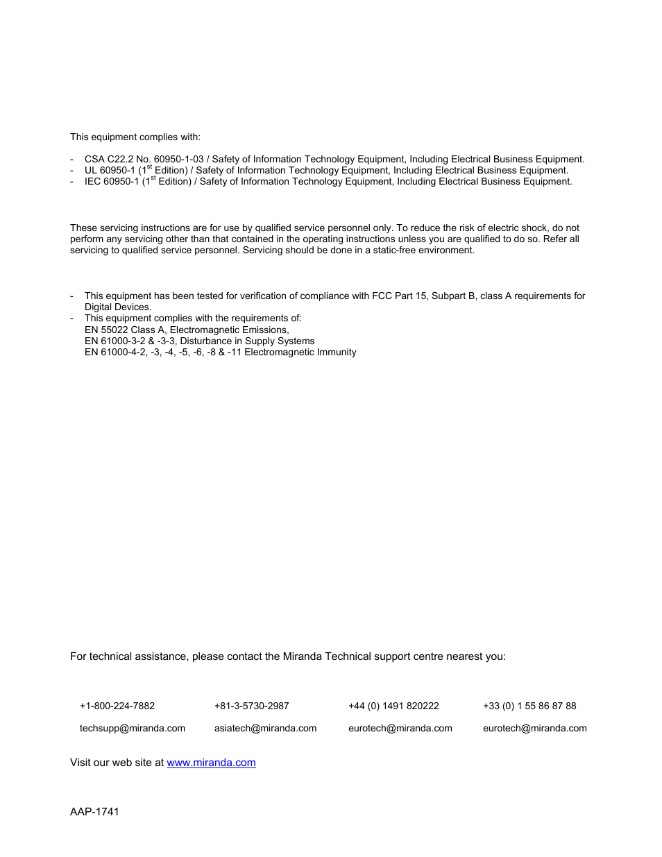 Safety compliance information | Grass Valley AAP-1741 User Manual | Page 2 / 33