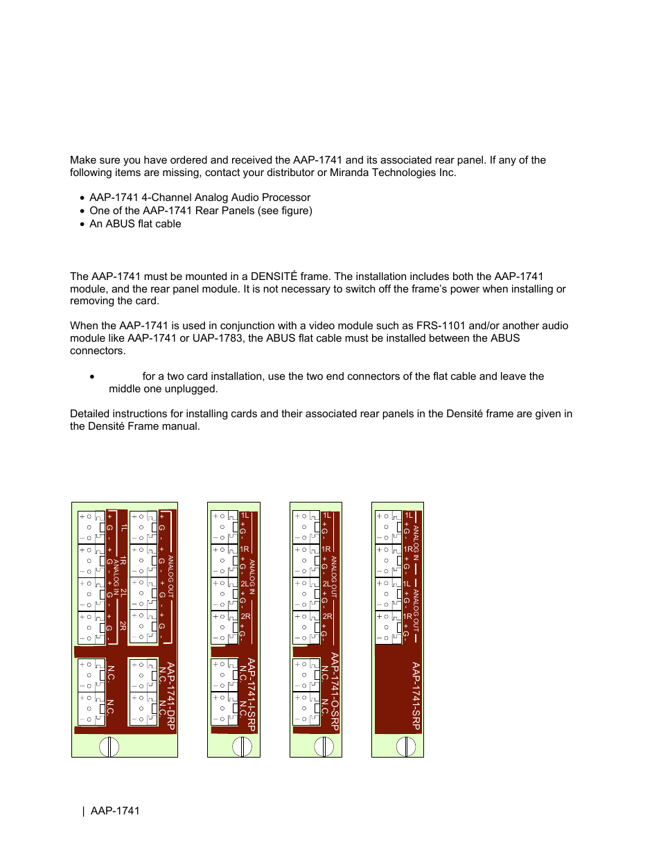 2 installation, 1 unpacking, 2 installation in the densité frame | 1 rear panel options | Grass Valley AAP-1741 User Manual | Page 8 / 33