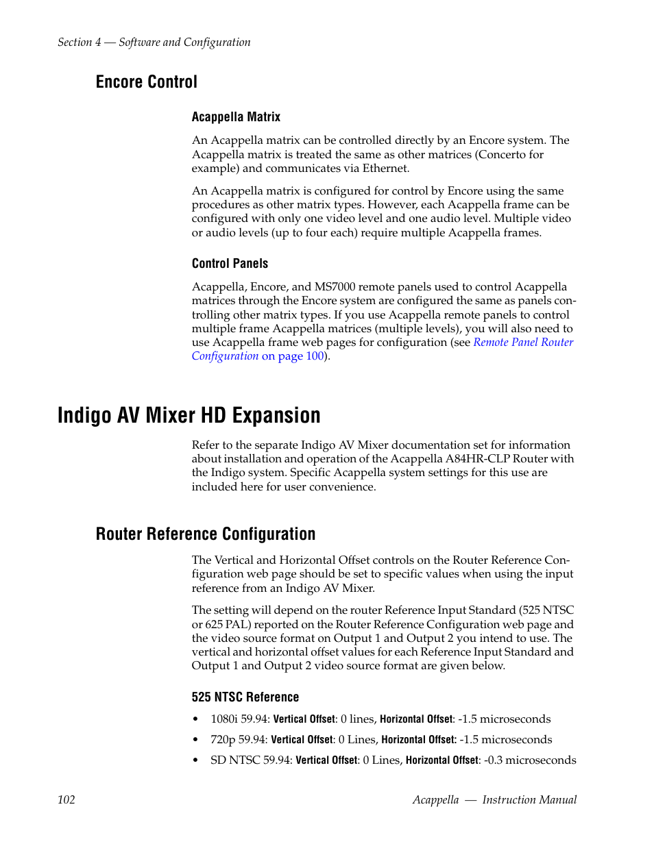 Encore control, Indigo av mixer hd expansion, Router reference configuration | Grass Valley Acappella v.3.2.4 User Manual | Page 102 / 128