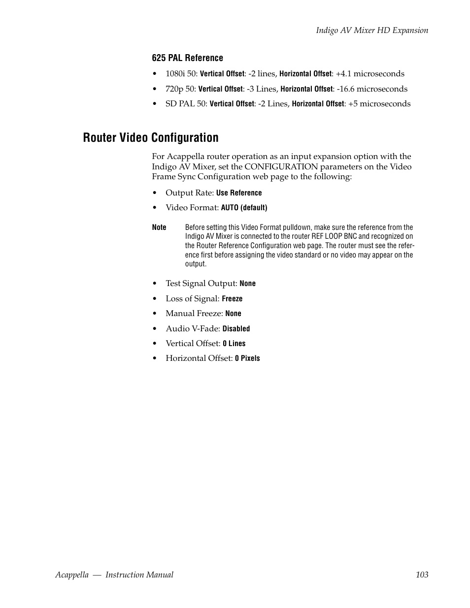 Router video configuration | Grass Valley Acappella v.3.2.4 User Manual | Page 103 / 128