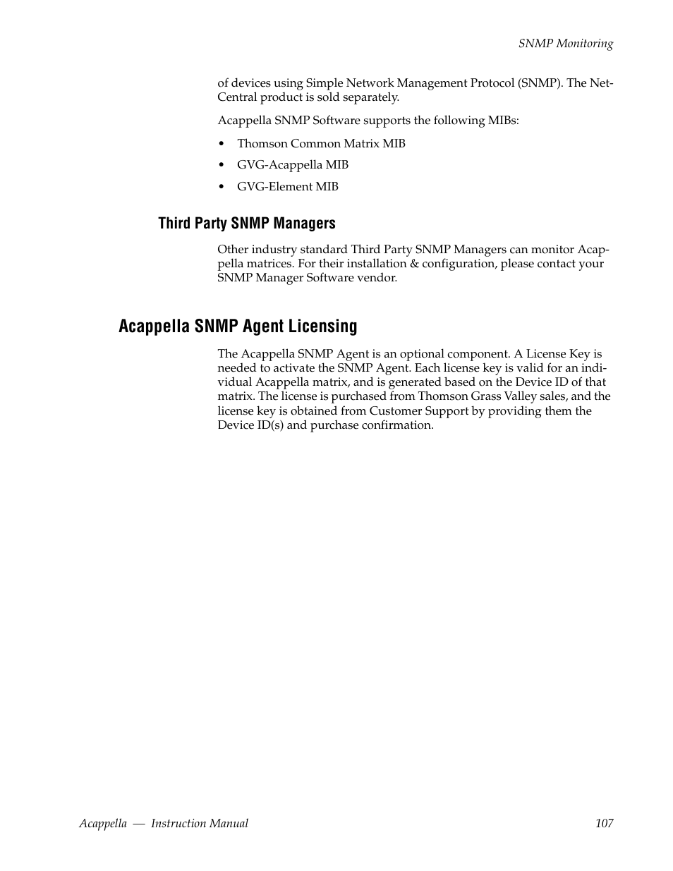 Third party snmp managers, Acappella snmp agent licensing | Grass Valley Acappella v.3.2.4 User Manual | Page 107 / 128