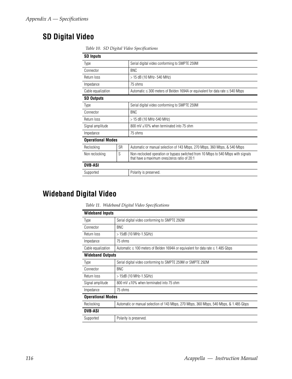 Sd digital video, Wideband digital video, Sd digital video wideband digital video | Grass Valley Acappella v.3.2.4 User Manual | Page 116 / 128