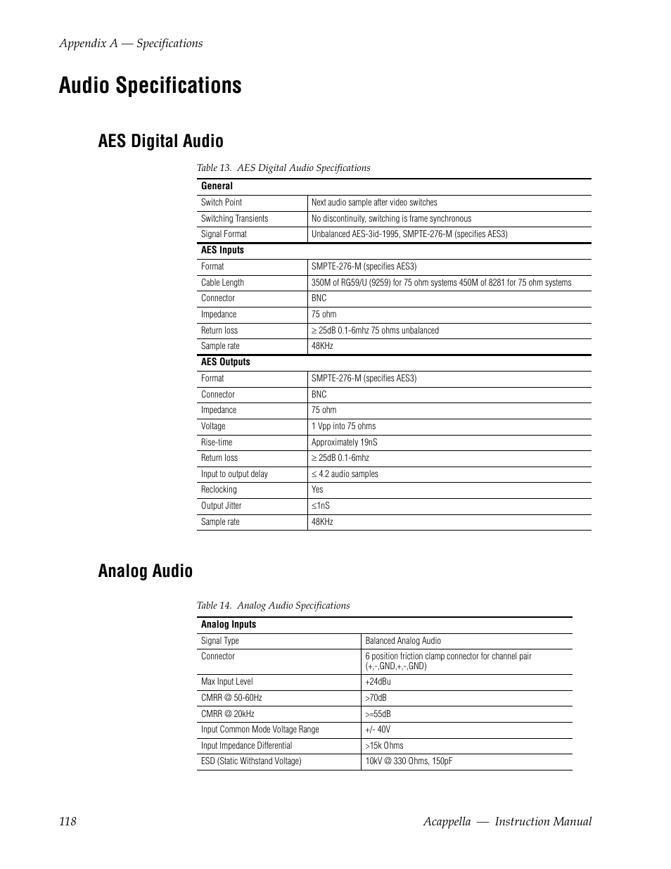 Audio specifications, Aes digital audio, Analog audio | Aes digital audio analog audio | Grass Valley Acappella v.3.2.4 User Manual | Page 118 / 128