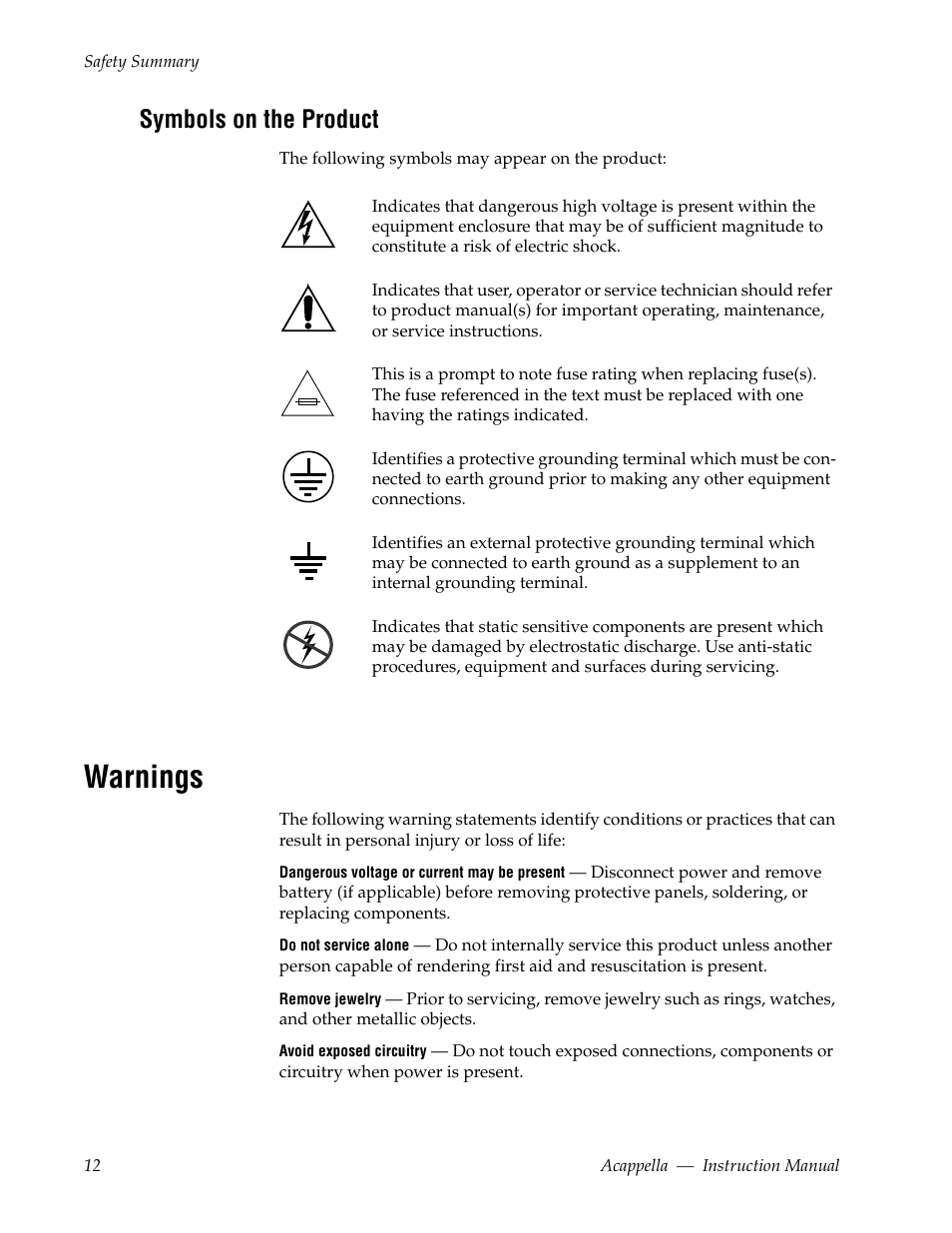 Symbols on the product, Warnings | Grass Valley Acappella v.3.2.4 User Manual | Page 12 / 128