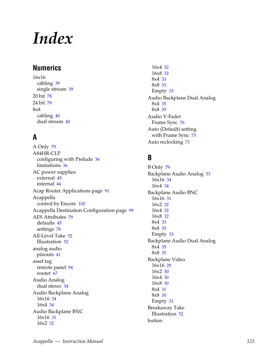 Index, Numerics | Grass Valley Acappella v.3.2.4 User Manual | Page 123 / 128